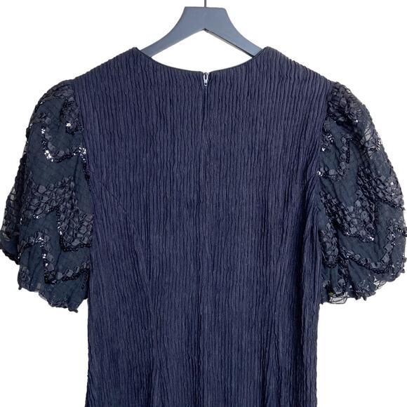 Vintage Puff Sleeve Pleated Dress Black Sequin Women's Size 14 Union Tag - Picture 4 of 10